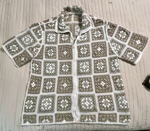 POL Men’s Crochet Granny Square Shirt One Size Cream Brown Boho Button Front